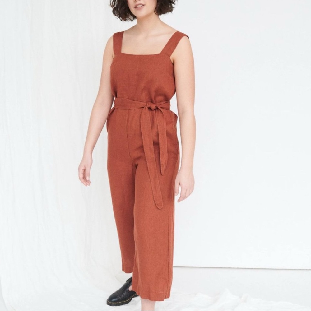 Linenfox Naomi Jumpsuit Terracotta Linen size Medium / Square Neck Belted